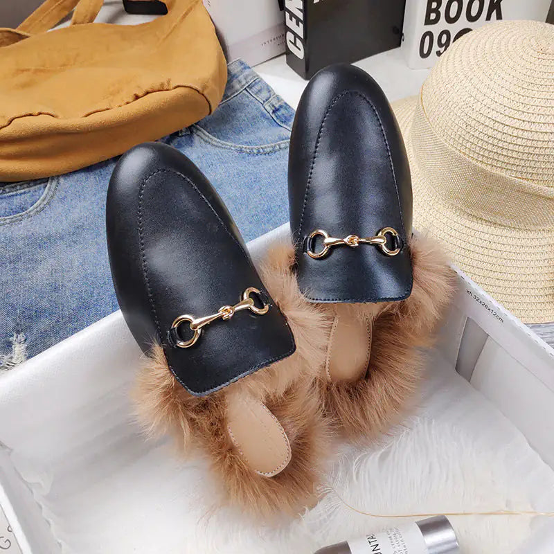 Rabbit Fur Fleece Toe Half Slippers | Gold Chain Closed-Toe Flat Mules Black microfiber