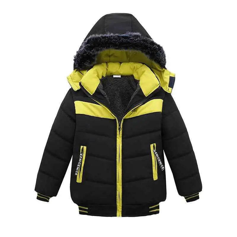 Boys cotton-padded winter jacket in black and yellow with fur-lined hood from trend den padded winter jacket collection 9style