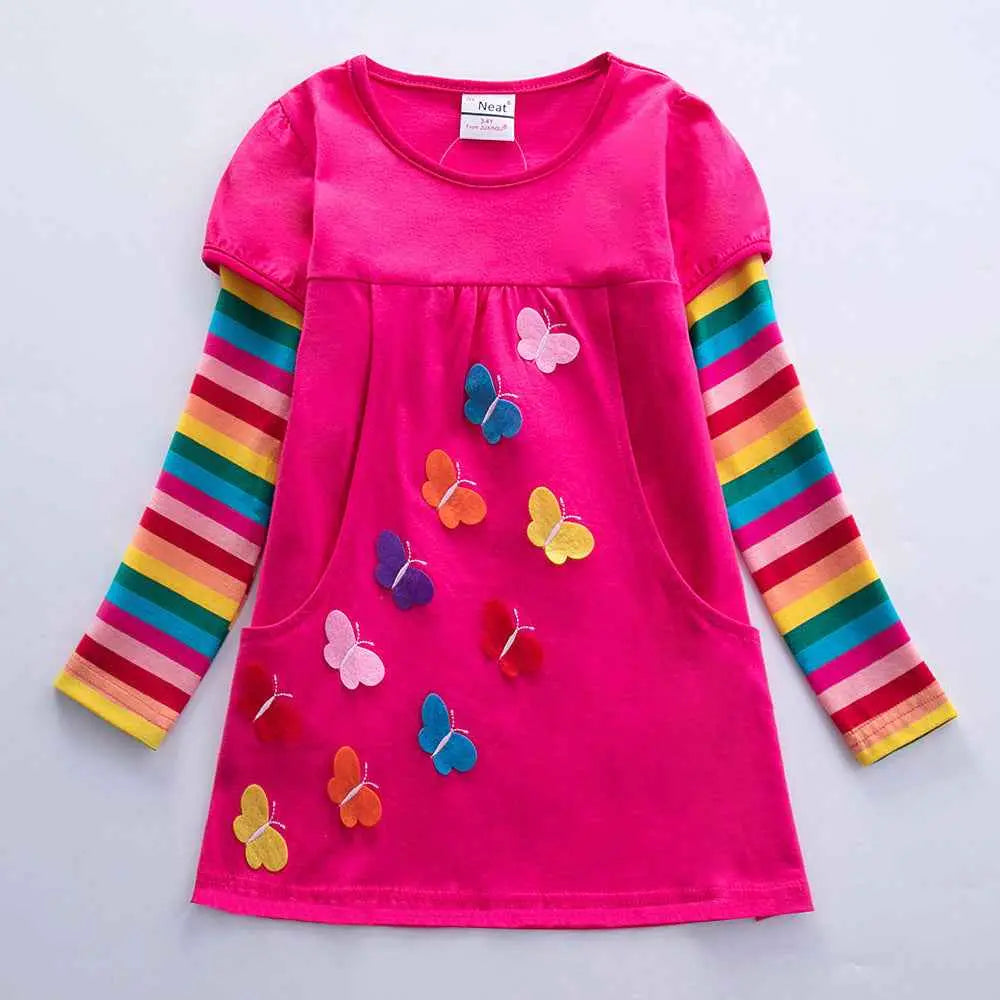 Girls bright pink butterfly embroidered dress with colorful appliqués and rainbow-striped long sleeves from trend den Rose Red