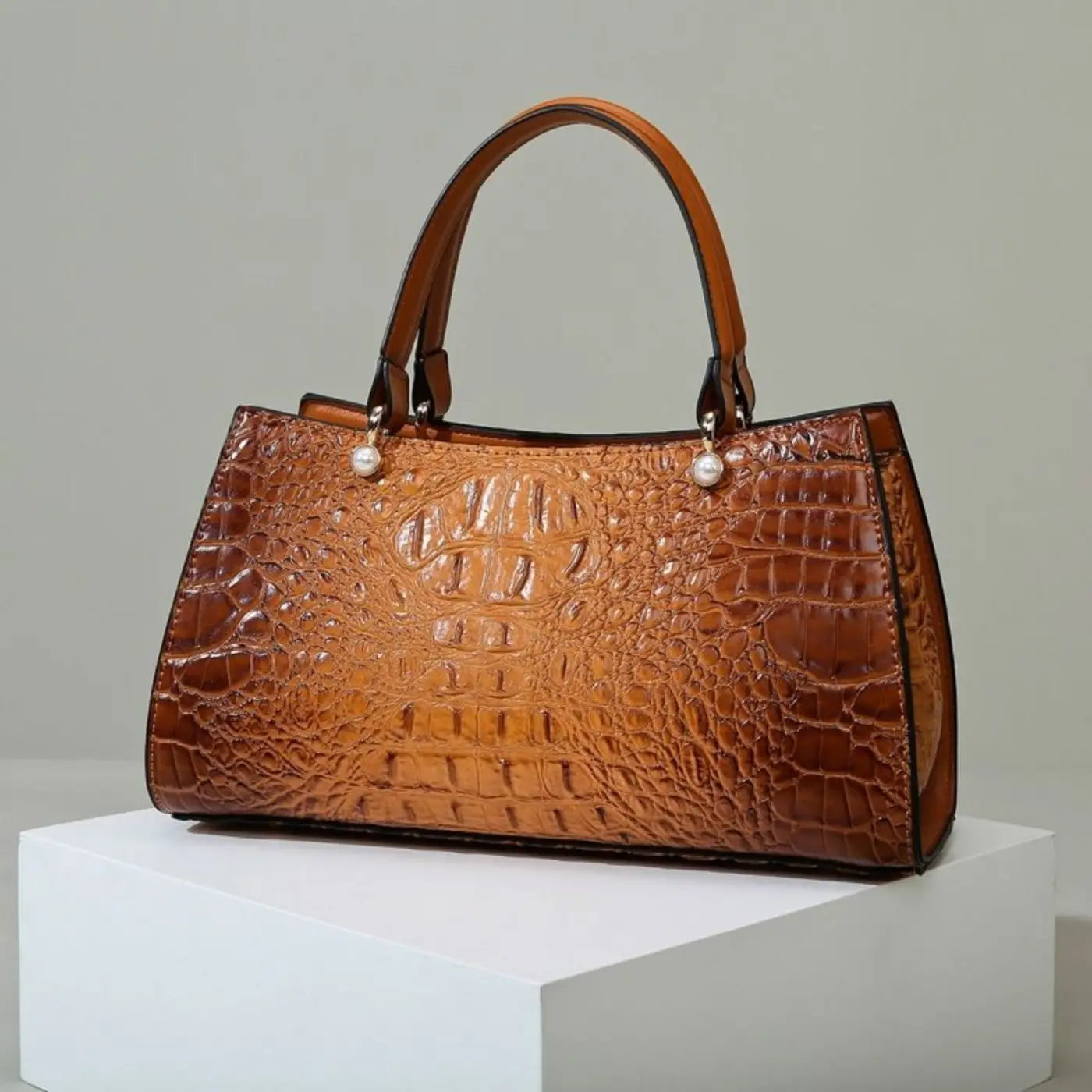 Large Capacity Boston Bag | Crocodile Texture Handheld Purse - Yellow brown - large capacity, boston bag, capacity Yellow brown