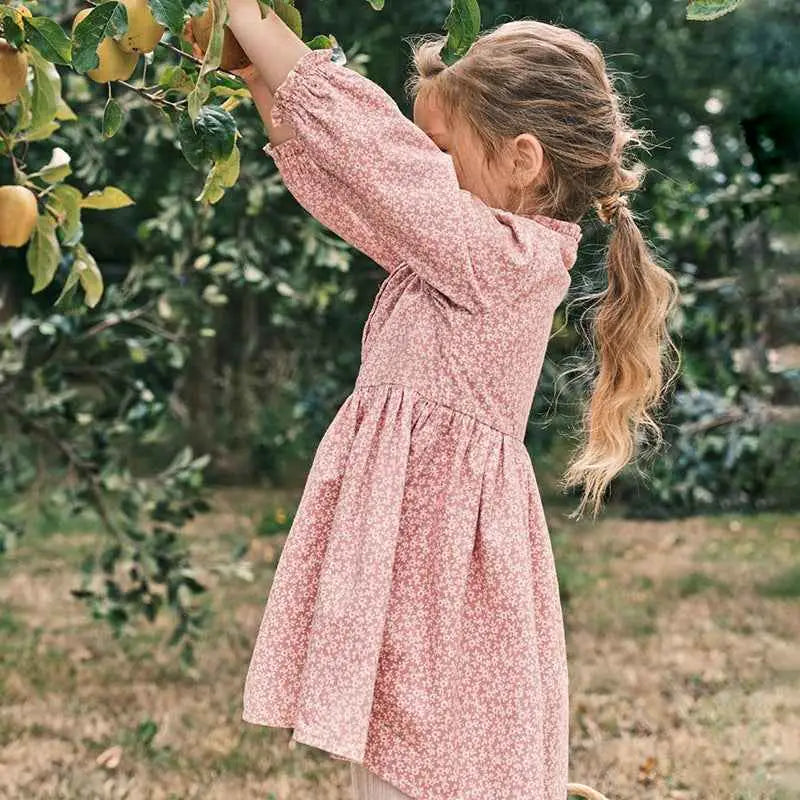 Little maven girls cotton princess dress in pink floral print with long sleeves and gathered waist cotton princess dress