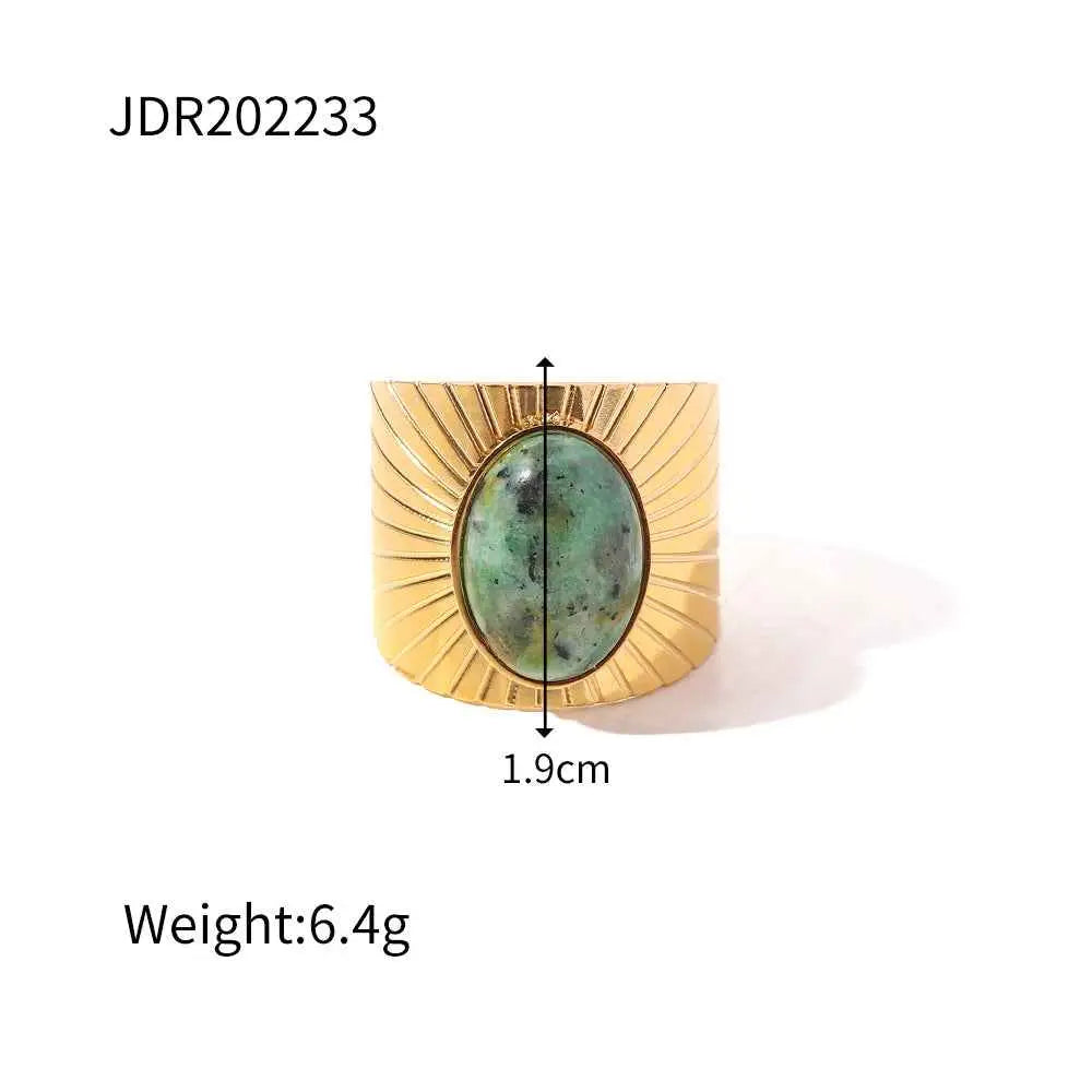 Gold-toned adjustable zircon ring with sunburst design and oval green natural stone from trend den JDR202233