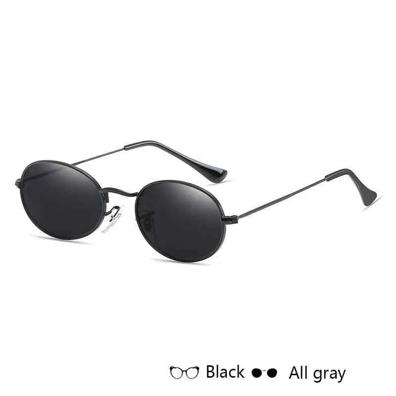 Black oval metal frame vintage sunglasses with round dark gray lenses and slender metal arms from trend den Black