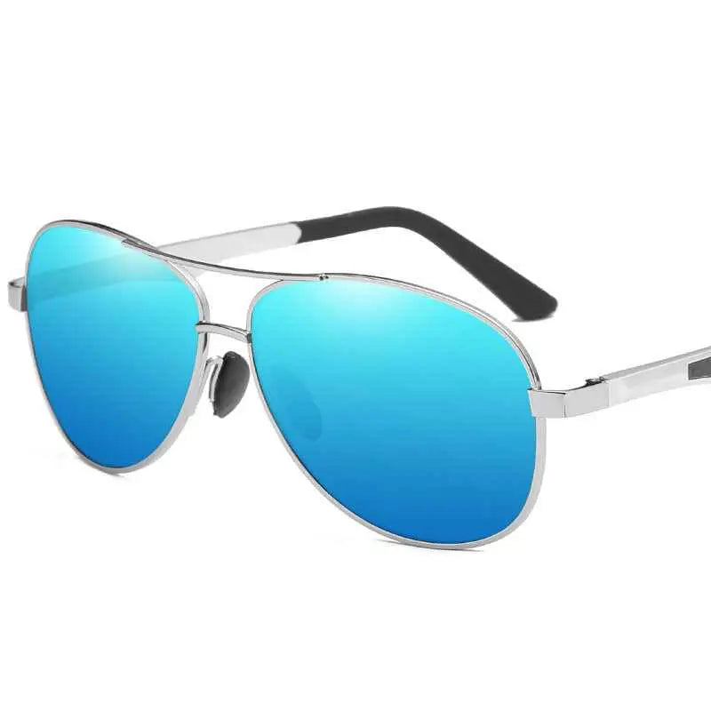 Silver-framed driving sunglasses with polarized uv400 gradient blue mirrored lenses and black temple tips from trend den 9style