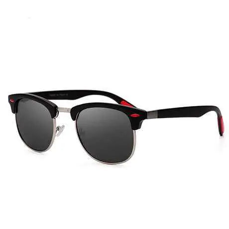 Retro Polarized Clubmaster Sunglasses by Trend Den featuring a black frame with silver accents and dark lenses.