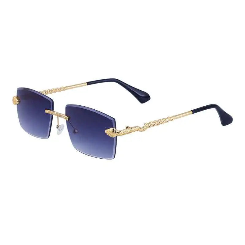 Gold-toned rimless rectangular gradient sunglasses with twisted metal frames and snake embellishments on blue lenses C2 Silver Tea Gradient Grey