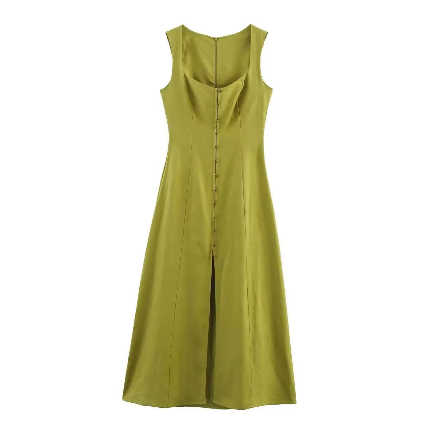 Slim-fit slimming linen midi dress in olive green with sleeveless design button-down front and subtle side pleats Yellow Green