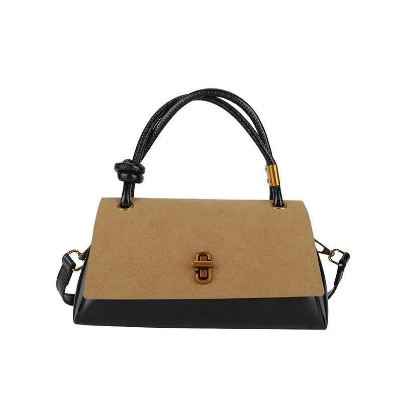 Vintage structured buckle tote and crossbody bag with tan and black leather, gold clasp, and braided handles tied in knots Khaki