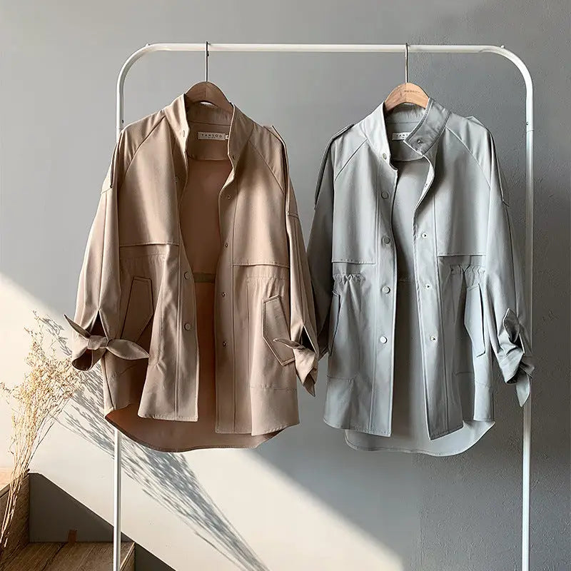 Loose Slimming Trench Coat | Medium Length Straight-Cut Jacket - Khaki / L - slimming trench, trench coat, loose Khaki