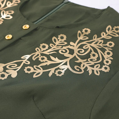 Gilded Printed Elegant Abaya by Trend Den featuring intricate gold floral designs on a dark green fabric.