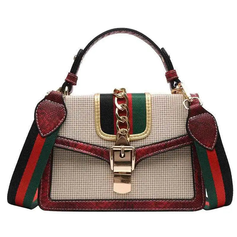 A gucci gg marmont mini plaid satchel with snake trim featuring beige houndstooth canvas and red green webbing strap