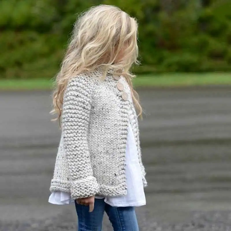 Cozy off-white girls rabbit hair blend knit cardigan with textured pattern and wooden buttons