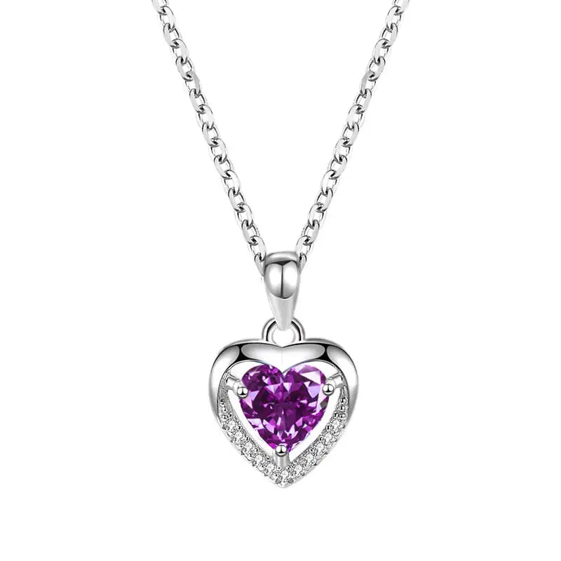 Luxury S925 Heart-Shaped Necklace | Personalized Rhinestone Pendant - Purple - luxury s925, s925 sterling silver, Purple