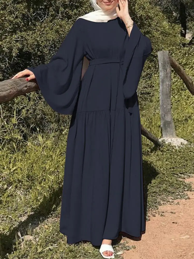 Bell-Sleeve Belted Swing Abaya Dark Blue