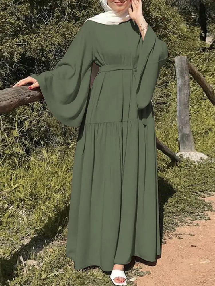 Bell-Sleeve Belted Swing Abaya Green