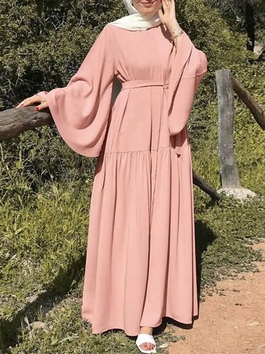 Bell-Sleeve Belted Swing Abaya Pink