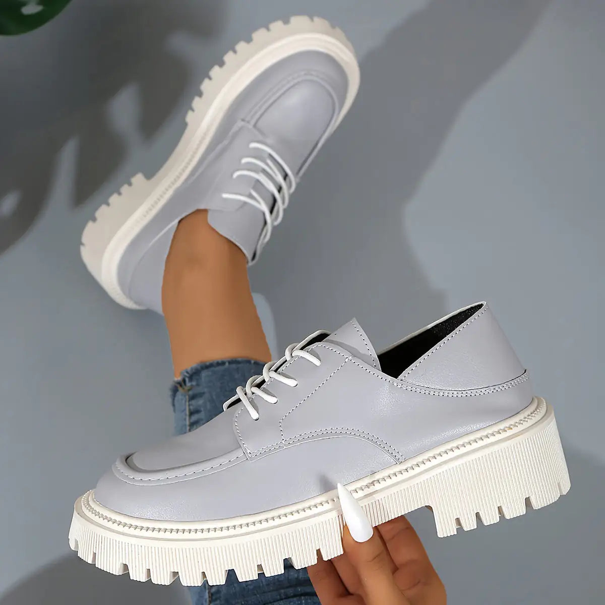Fashion Lace-Up Platform Oxfords | Trendy Light Grey Tractor Sole Shoes