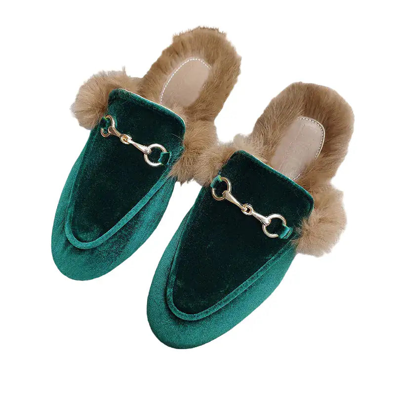 Rabbit Fur Fleece Toe Half Slippers | Gold Chain Closed-Toe Flat Mules