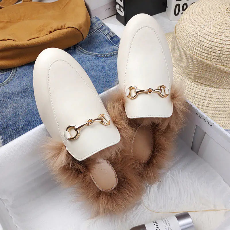 Rabbit Fur Fleece Toe Half Slippers | Gold Chain Closed-Toe Flat Mules Beige Microfiber