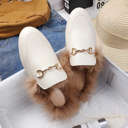 Rabbit Fur Fleece Toe Half Slippers | Gold Chain Closed-Toe Flat Mules Beige Microfiber