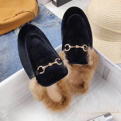 Rabbit Fur Fleece Toe Half Slippers | Gold Chain Closed-Toe Flat Mules Black suede