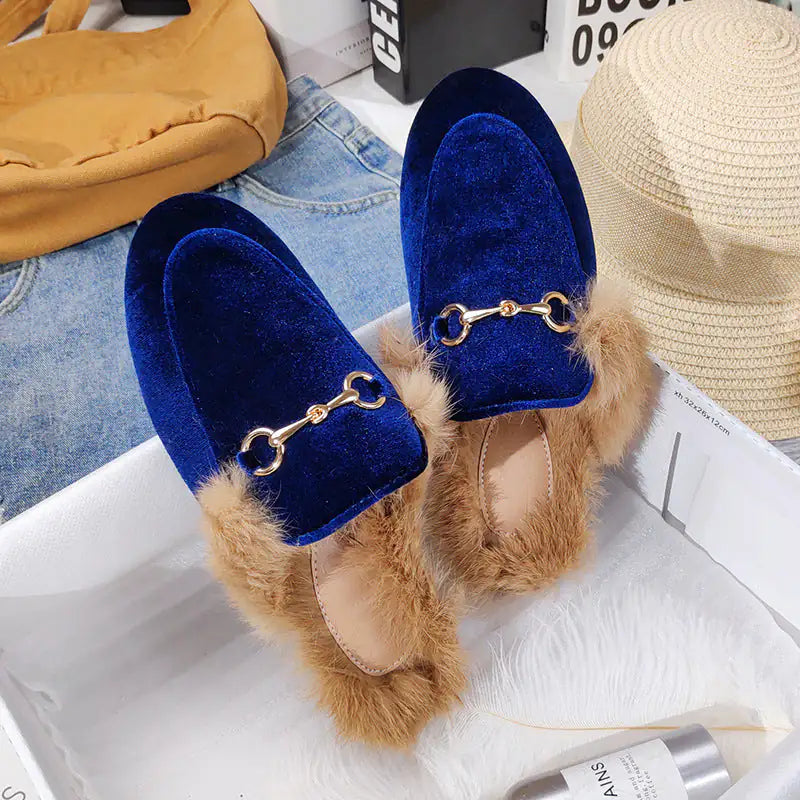 Rabbit Fur Fleece Toe Half Slippers | Gold Chain Closed-Toe Flat Mules Blue suede