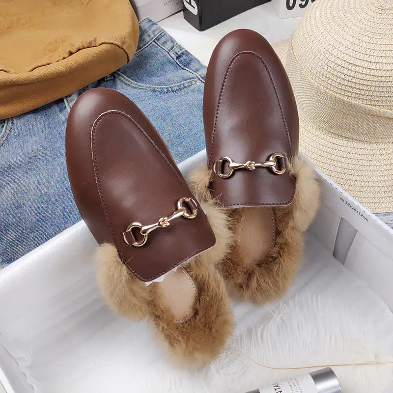 Rabbit Fur Fleece Toe Half Slippers | Gold Chain Closed-Toe Flat Mules Brown microfiber