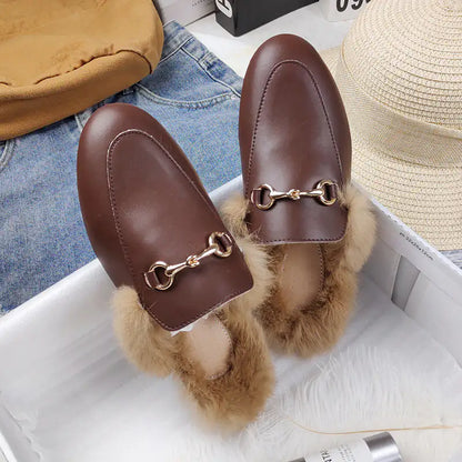 Rabbit Fur Fleece Toe Half Slippers | Gold Chain Closed-Toe Flat Mules Brown microfiber