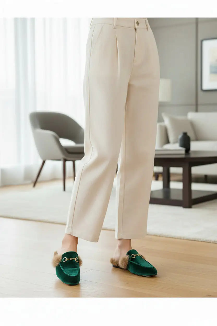Rabbit Fur Fleece Toe Half Slippers | Gold Chain Closed-Toe Flat Mules Green suede