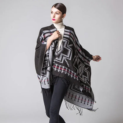 Triangular Imitation Cashmere Shawl | National Style Floral Wrap with Tassels - Grey - imitation cashmere, triangular Grey