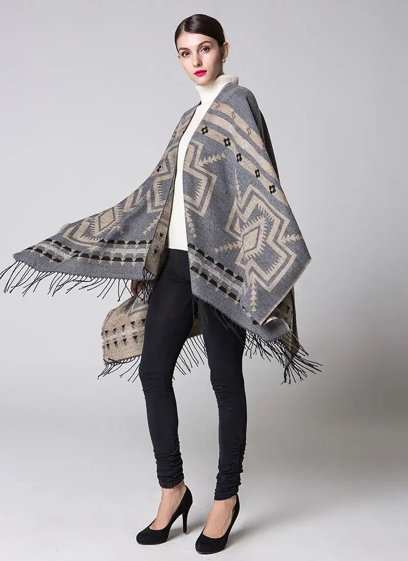 Triangular Imitation Cashmere Shawl | National Style Floral Wrap with Tassels - Grey - imitation cashmere, triangular Grey