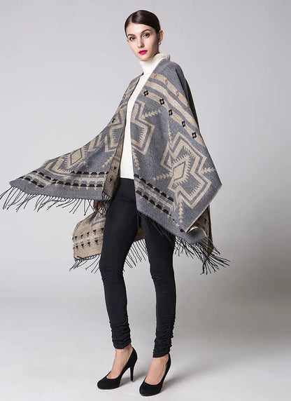 Triangular Imitation Cashmere Shawl | National Style Floral Wrap with Tassels - Grey - imitation cashmere, triangular Grey