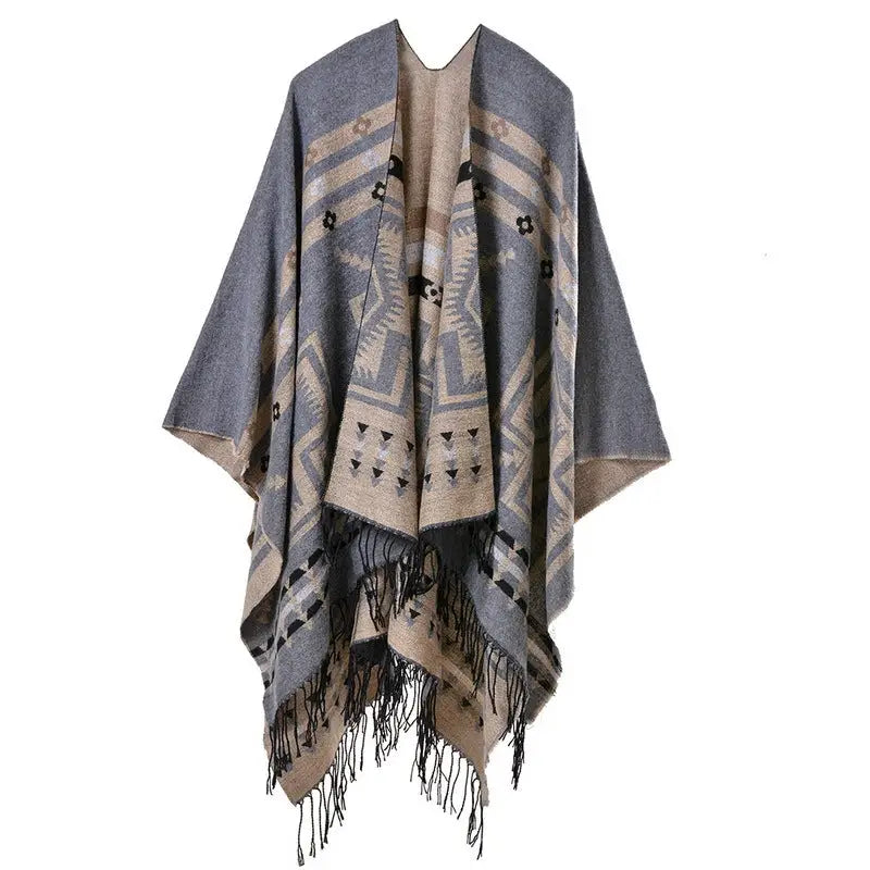Triangular Imitation Cashmere Shawl | National Style Floral Wrap with Tassels - Grey - imitation cashmere, triangular Grey