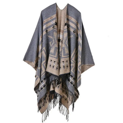 Triangular Imitation Cashmere Shawl | National Style Floral Wrap with Tassels - Grey - imitation cashmere, triangular Grey
