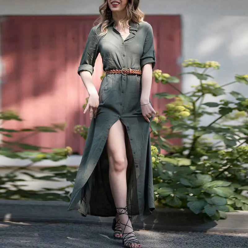 Olive green slim long shirt button dress with long sleeves, high slit, rolled sleeves, and braided brown belt cinched waist