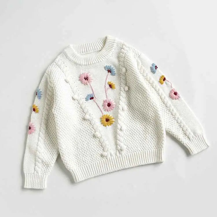 Baby girls hand-embroidered floral cotton white knitted sweater with colorful flowers and pom-pom details front trend den