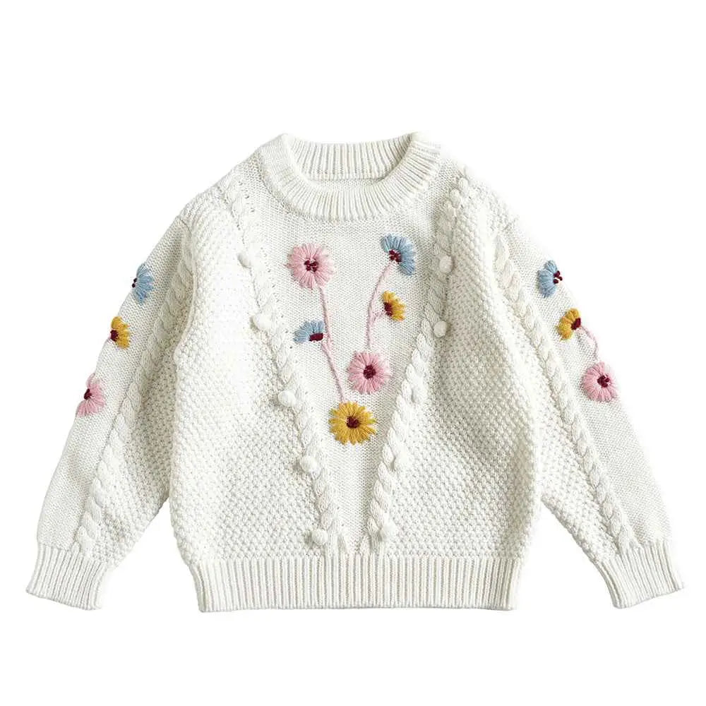 White knitted baby girls sweater with hand-embroidered floral pink yellow and blue flowers in floral cotton by trend den White