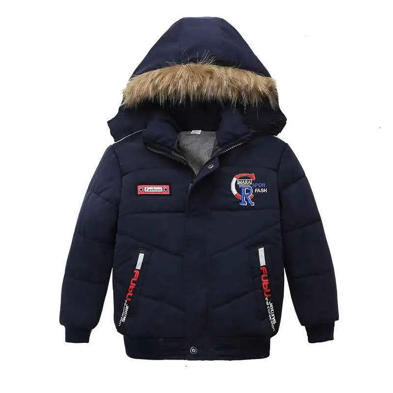 Boys padded winter jacket in dark blue cotton with fur-lined hood and red and white trend den branding patches 10style
