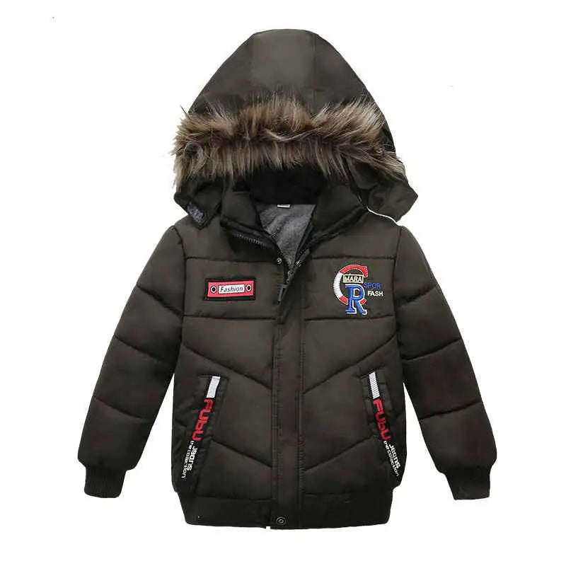 Dark green boys cotton-padded winter jacket with fur-lined hood and colorful embroidered patches from trend den 11style