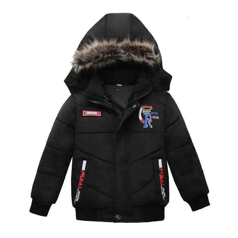 Boys cotton-padded winter jacket black puffer with fur-lined hood and colorful embroidered patches trend den winter jacket 12style
