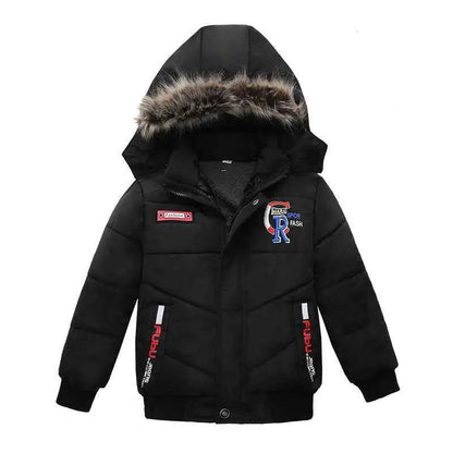 Boys cotton-padded winter jacket black puffer with fur-lined hood and colorful embroidered patches trend den winter jacket 12style