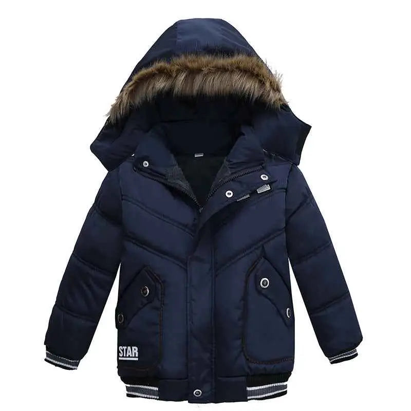 Dark blue boys cotton-padded winter jacket with fur-lined hood and striped cuffs by trend den winter jacket 1style