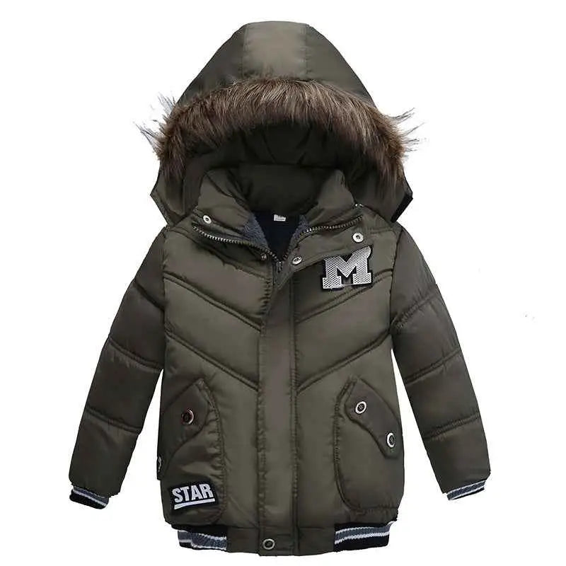 Olive green boys cotton-padded winter jacket with fur-lined hood and silver m patch from trend den winter jacket collection 2style