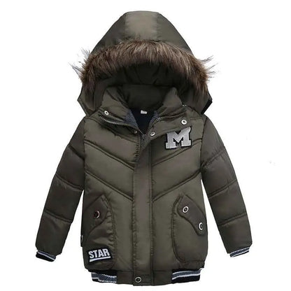 Olive green boys cotton-padded winter jacket with fur-lined hood and silver m patch from trend den winter jacket collection 2style
