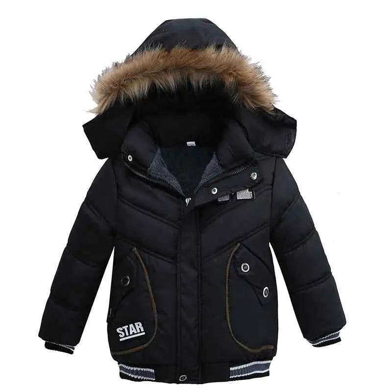 Boys cotton-padded winter jacket black puffer with fur-lined hood and star branding by trend den winter jacket 3style