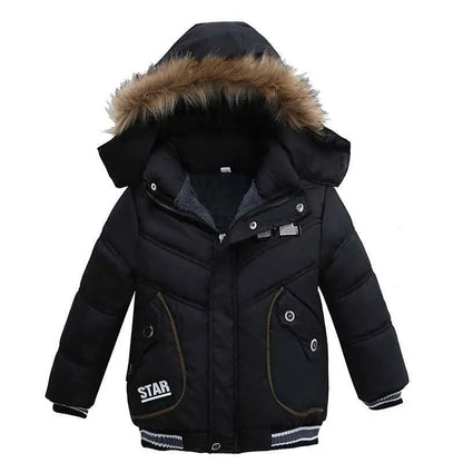 Boys cotton-padded winter jacket black puffer with fur-lined hood and star branding by trend den winter jacket 3style