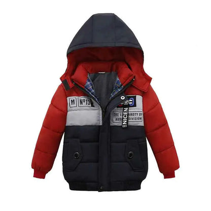 Boys cotton-padded winter jacket in red and navy blue with gray panels and black text patches from trend den 5style