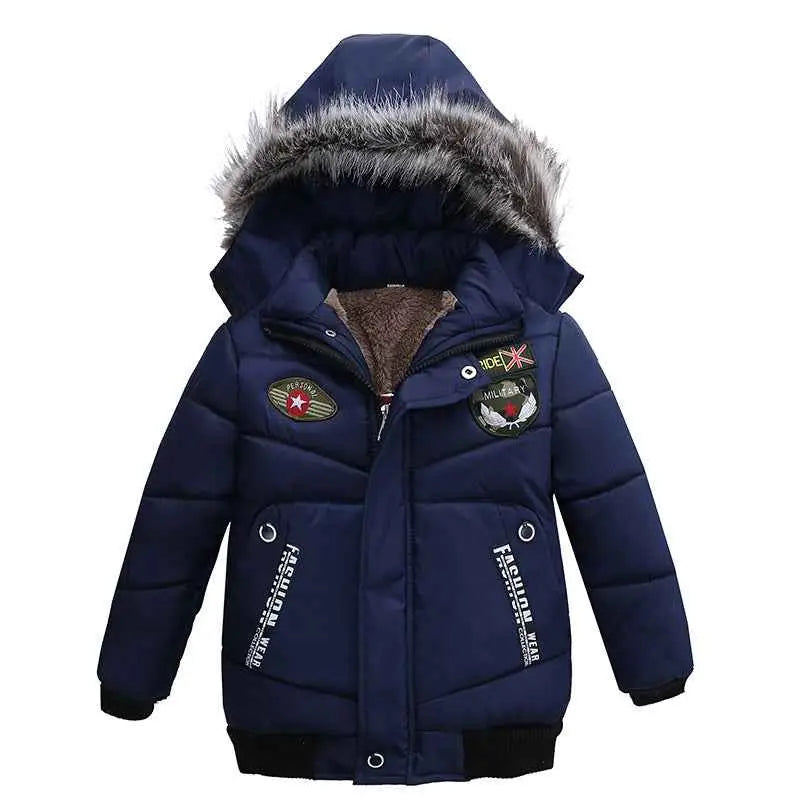 Navy blue boys cotton-padded winter jacket with faux fur hood and military-style patches from trend den 6style