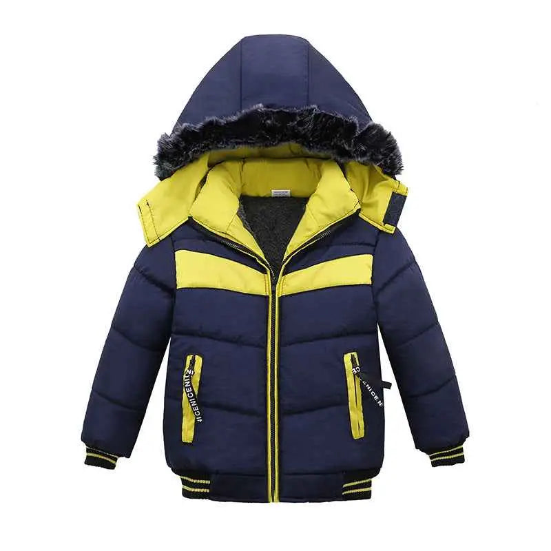Boys padded winter jacket in navy blue and yellow cotton with a fur-lined hood from trend den winter jacket collection 8style
