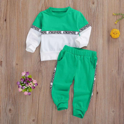 Boys long-sleeve letter suit and stretch trousers in green and white with atmosphere text bands and solid color design Green